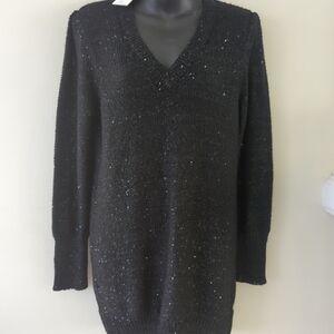 NWT Calvin Klein black V-Neck Women's sequence pullover long sleeve size medium